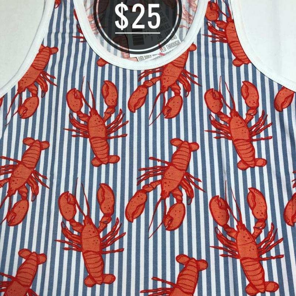 S LuLaRoe tank top, blue and white striped with lobster print